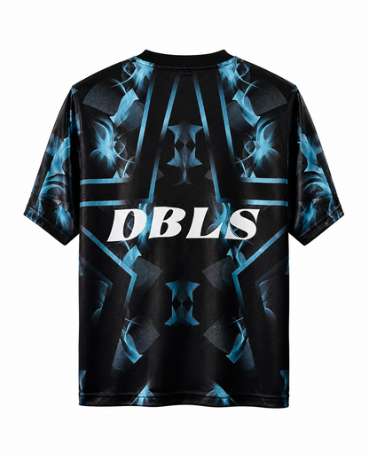 Black jersey with blue and white geometric star pattern and 'DBLS' branding on a white background