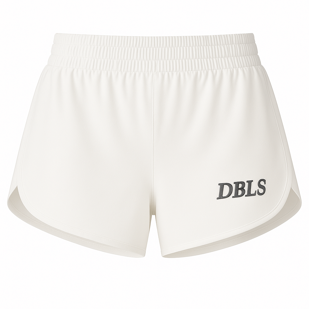 White shorts with 'DBLS' branding on a white background