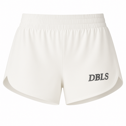 White shorts with 'DBLS' branding on a white background