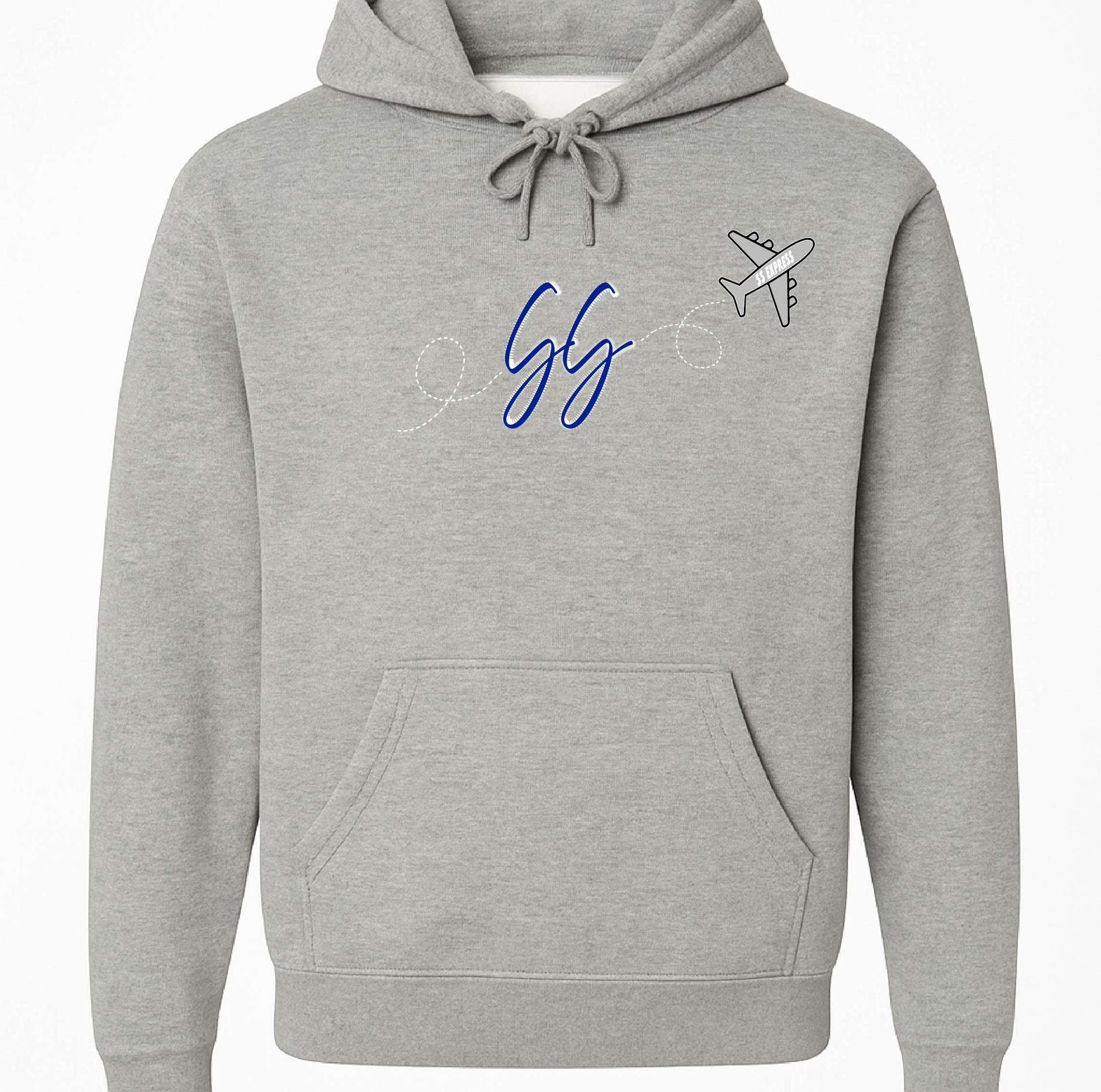 Gray hoodie with blue text and airplane icon on a white background