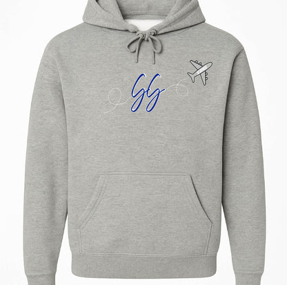 Gray hoodie with blue text and airplane icon on a white background