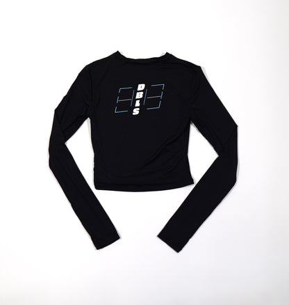 back of the women's long sleeve ssplit activewear top, DBLS down the middle of a pickleball court
