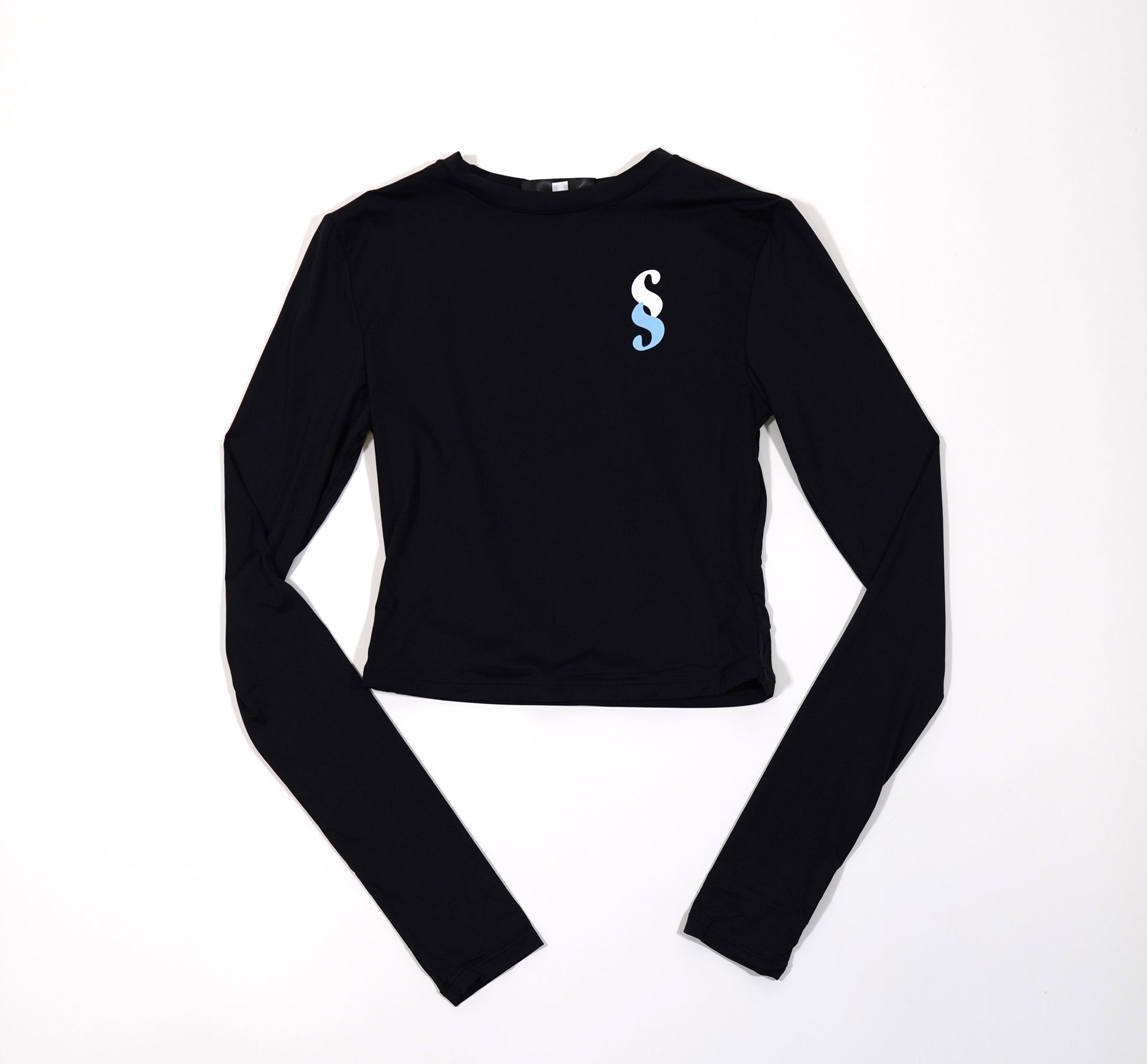 A black long sleeve top with a small blue 'SS' logo on the chest area, displayed on a blue and white background.