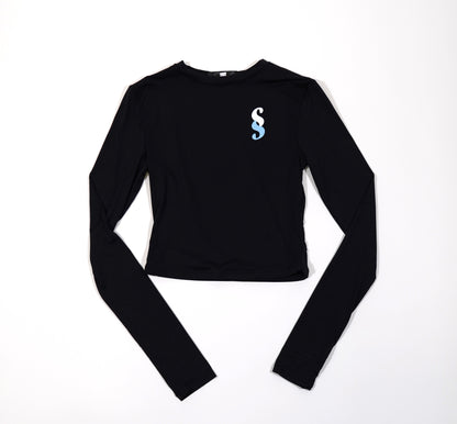 A black long sleeve top with a small blue 'SS' logo on the chest area, displayed on a blue and white background.